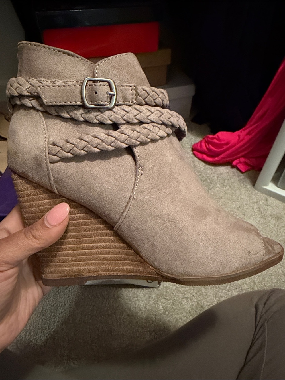 Madden Girl Taupe Braided Peep-Toe Wedge Bootie